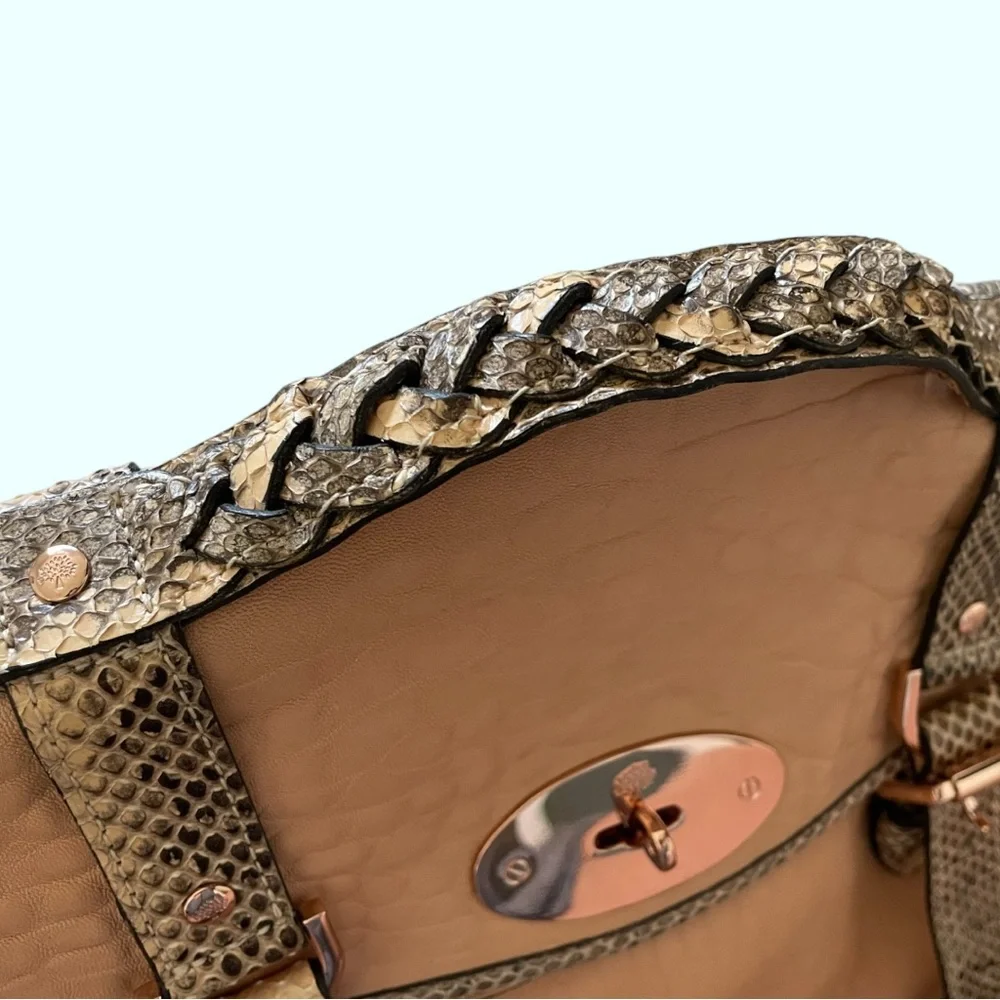 Mulberry Beige Leather Satchel with Snakeskin-Trim